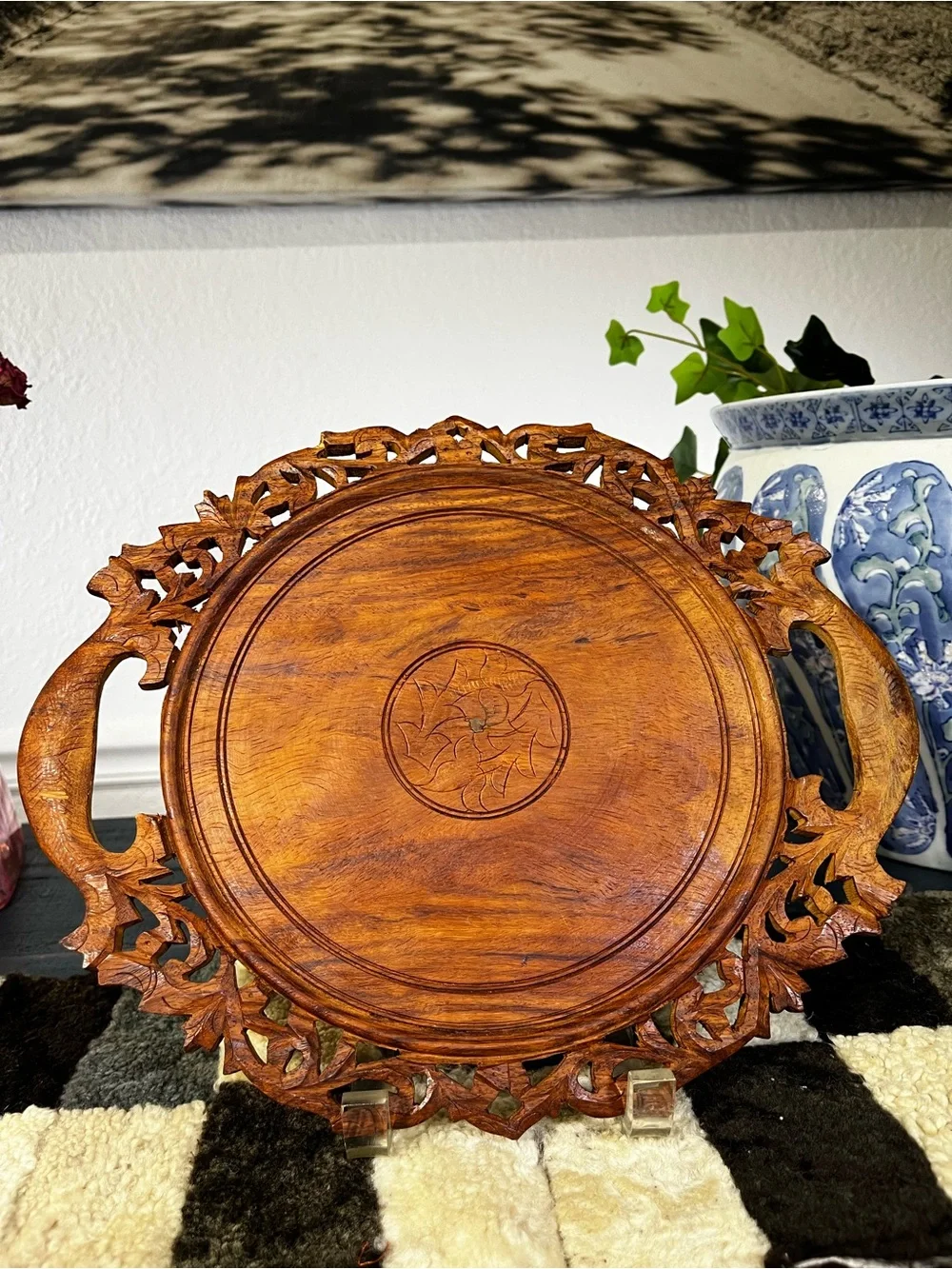 Hand-Carved Wooden Serving Tray - Rustic Brown